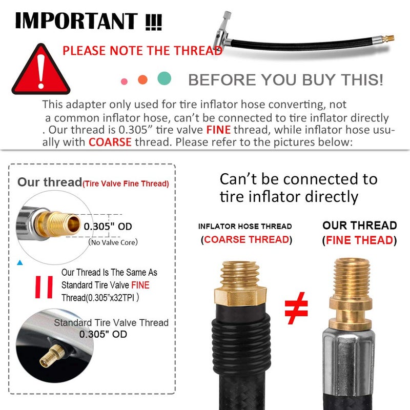 LUMITECO Locking Tire Chuck with Rubber Hose and Standard Tire Valve Fine Thread, Tire Inflator Pump Hose Adapter for Twist On Convert to Lock On Connection - Image 3